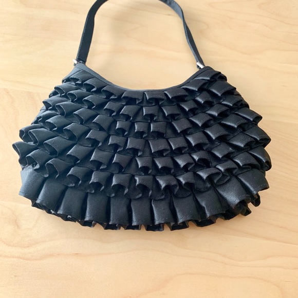 2/$20 Vintage Black Satin Mini Ruffle Purse - Picture 2 of 10